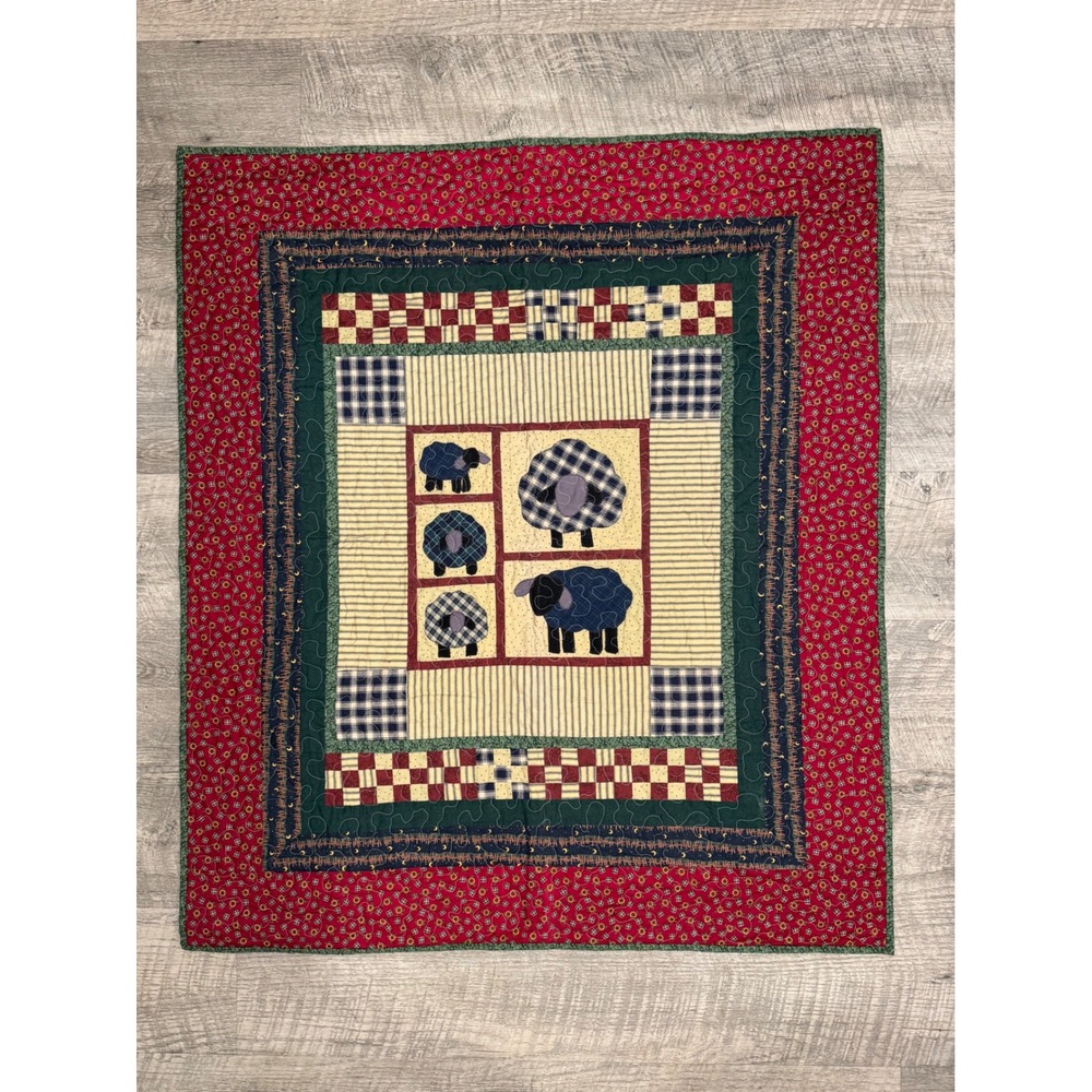 Handmade Primitive Country Sheep Quilted Wall Hanging Blue Plaid Farmhouse Decor